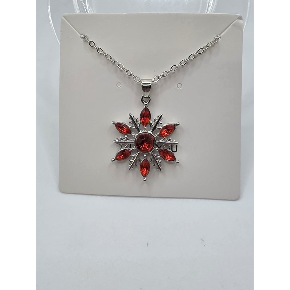 Red Rhinestone Snowflake Pendant Necklace Holiday Gift